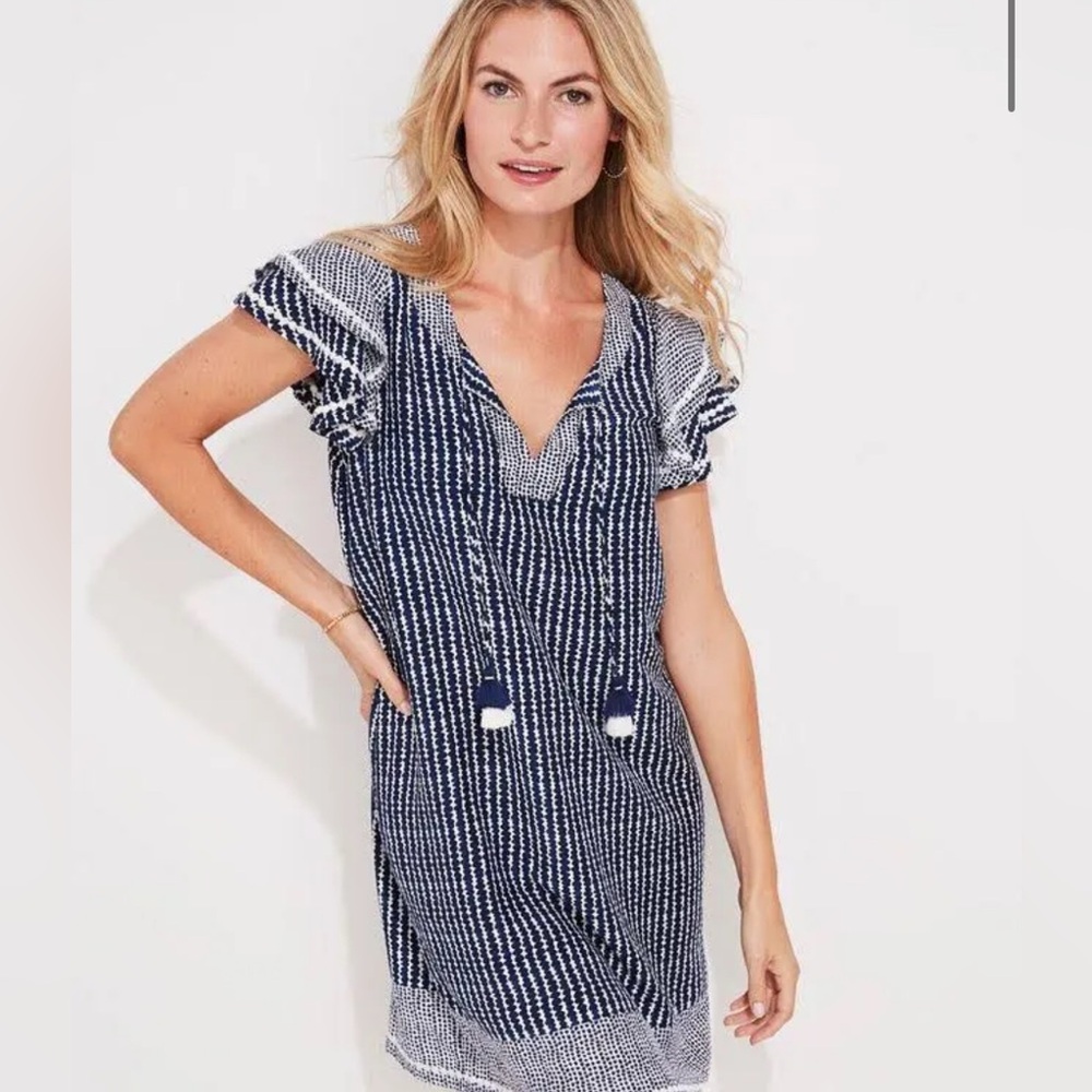 Vineyard Vines Navy Blue Dot Vineyard Tunic Dress w/ Tassels flutter sleeves XXS